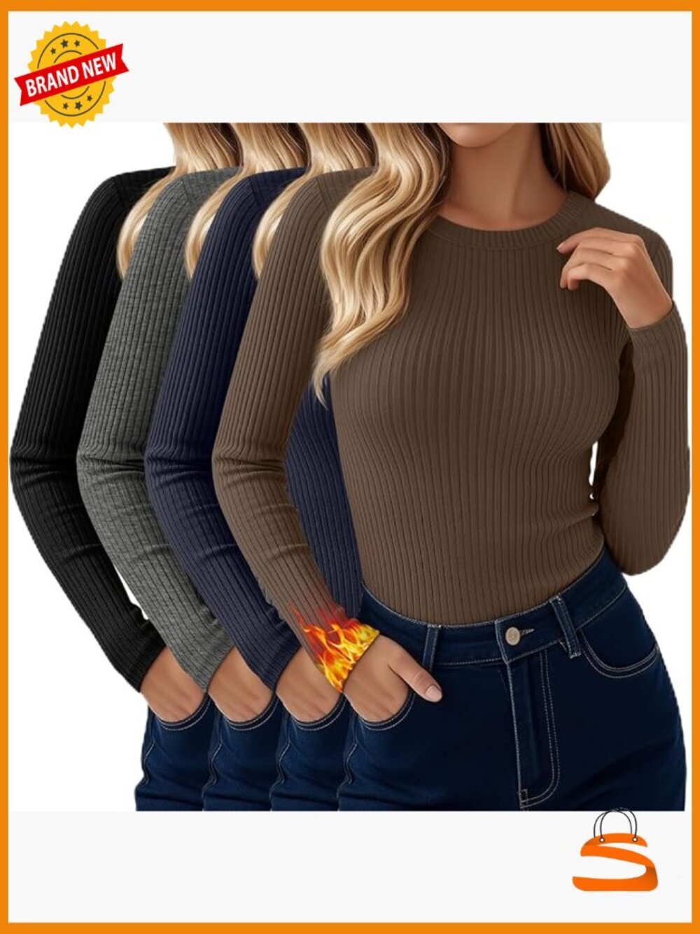 4 Pack Women's Thermal Long Sleeve Shirt Ribbed Cotton Slim Top Crew Neck